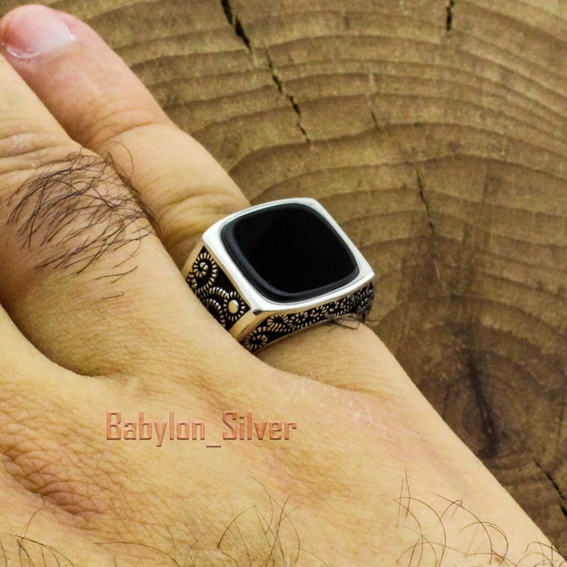 Babylon Silver Solid 925 Sterling Silver Onyx Stone Turkish Handmade Luxury Men's Ring (8) - Image 4